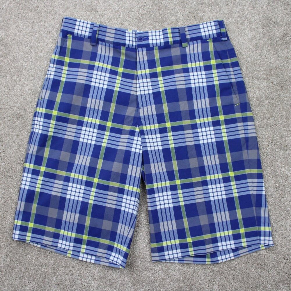 Nike Golf Shorts Mens 30 Blue/Yellow Dri-Fit Tour Performance Stretch 11" inseam